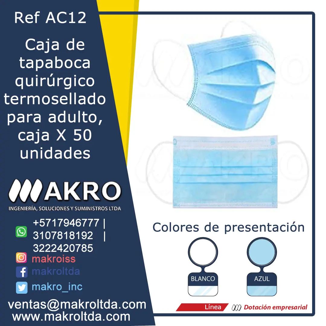 Caja de tapaboca quirúrgico termosellado para adulto, caja X 50 unidades